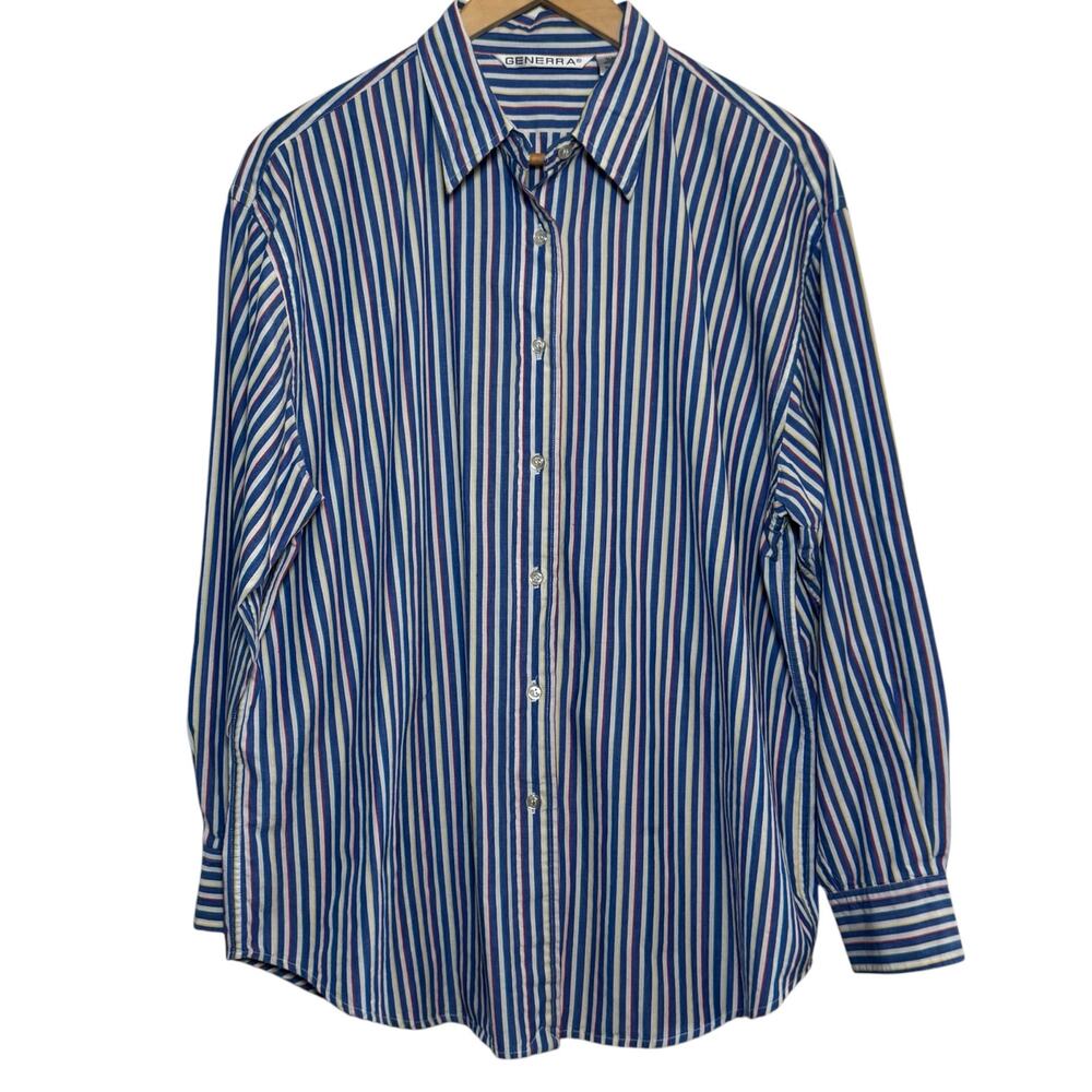 Vtg Generra Womens XL 100% Cotton Blue Green Yellow Striped Button Down Shirt